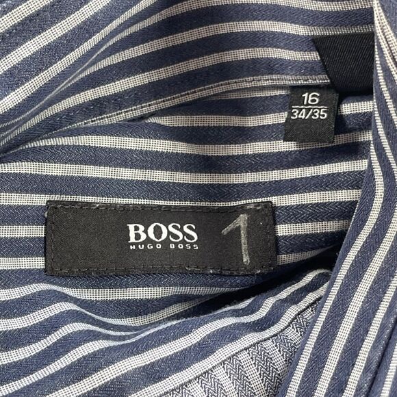 Hugo Boss Dress Shirt Men 16 34/35 Navy Gray Stripe 100% Cotton Enzo Regular Fit - Picture 13 of 16
